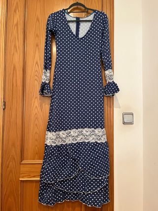 Vestido Flamenca Lunares Blanco Azul