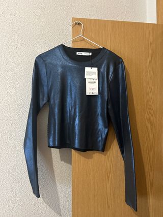 Top Zara Azul Metalizado Manga Larga