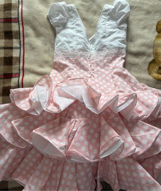 Vestido Flamenca Lunares Rosa y Blanco