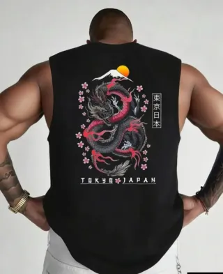 Camiseta sin mangas negra dragón japonés