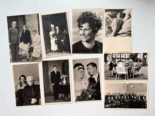 Lotto di 35 vecchie foto e scatola di sigari