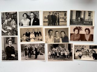 Lotto di 35 vecchie foto e scatola di sigari