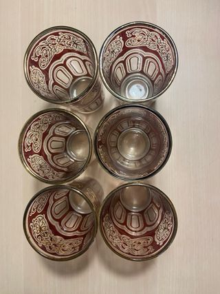 Set 6 Vasos de Te - Vidrio Dorado y Rojo