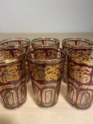 Set 6 Vasos de Te - Vidrio Dorado y Rojo