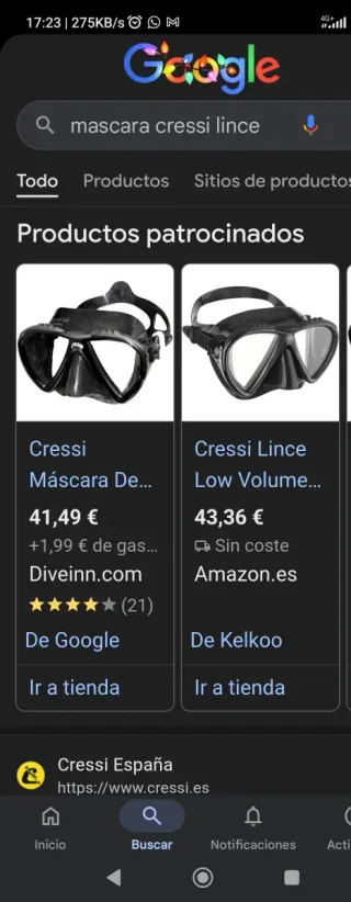 Máscara Cressi Lince Buceo/Pesca Submarina/ Nataci