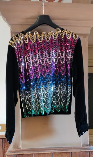 Blusa vintage velluto nero paillettes arcobaleno