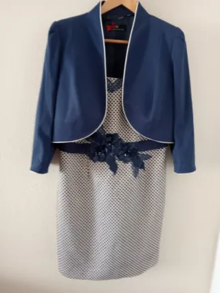 Traje Vestido y Chaqueta Azul Gris