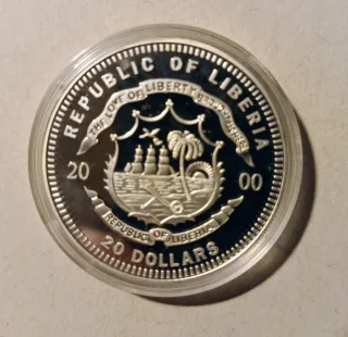 Moneda Plata Liberia 20 Dollari 2000