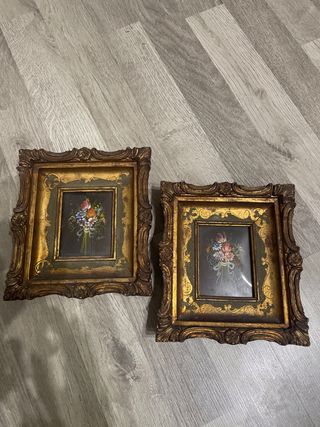 Coppia Quadri Antichi Olio Fiori