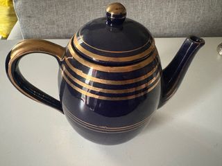 Teiera vintage ceramica blu e oro
