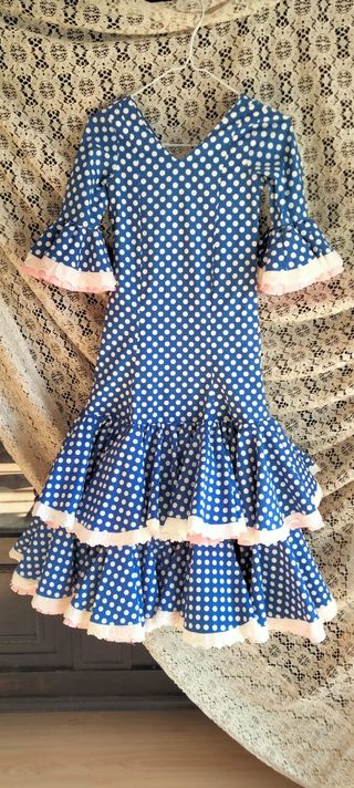 Traje Flamenca Niña Azul Lunares Hecho a Mano