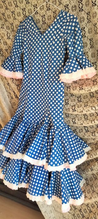 Traje Flamenca Niña Azul Lunares Hecho a Mano