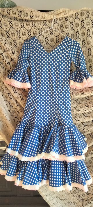Traje Flamenca Niña Azul Lunares Hecho a Mano