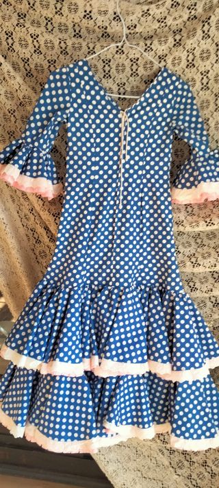 Traje Flamenca Niña Azul Lunares Hecho a Mano