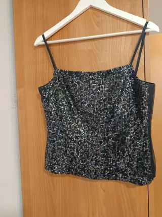 Top lentejuelas negro y plateado Talla S