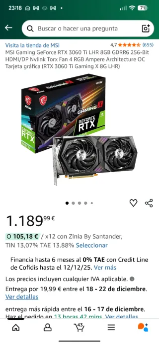 Tarjeta Gráfica MSI RTX 3060 Ti