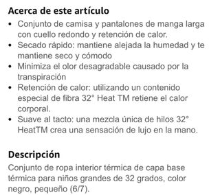 Conjunto Ropa Térmica 32 Degrees Talla S 6/7 años