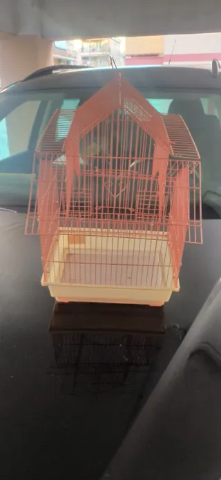 Jaula para pájaros rosa y beige