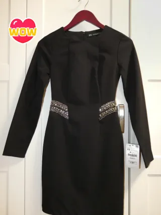 Vestido negro Zara fiesta pedrería lentejuelas XS