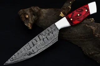 Coltello Damasco Forgiato Rosso/Argento