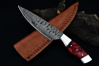 Coltello Damasco Forgiato Rosso/Argento