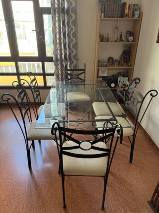 Mesa comedor cristal y metal con set de 6 sillas