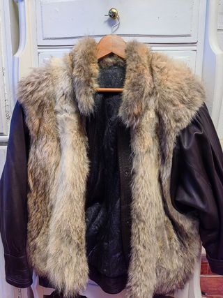 Cazadora Piel Vintage Mapache y Cuero 80s