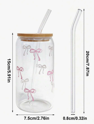 Taza de cristal y pajita con tapa de bambú