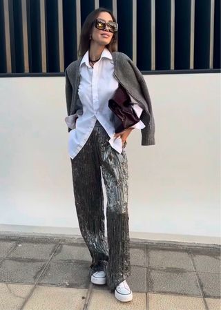 Pantalón plateado abalorios