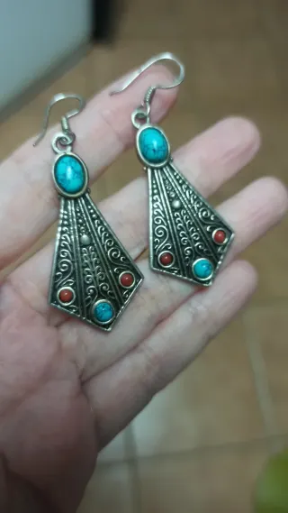 Pendientes Plata Tibetana Nepalí Turquesa