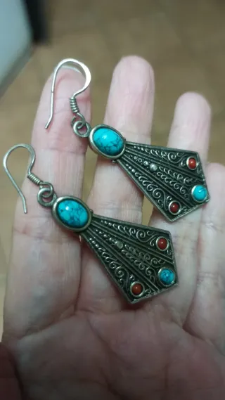 Pendientes Plata Tibetana Nepalí Turquesa