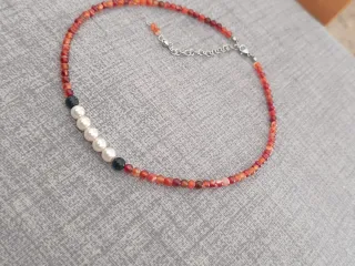 Collar piedras naturales perlas y obsidiana