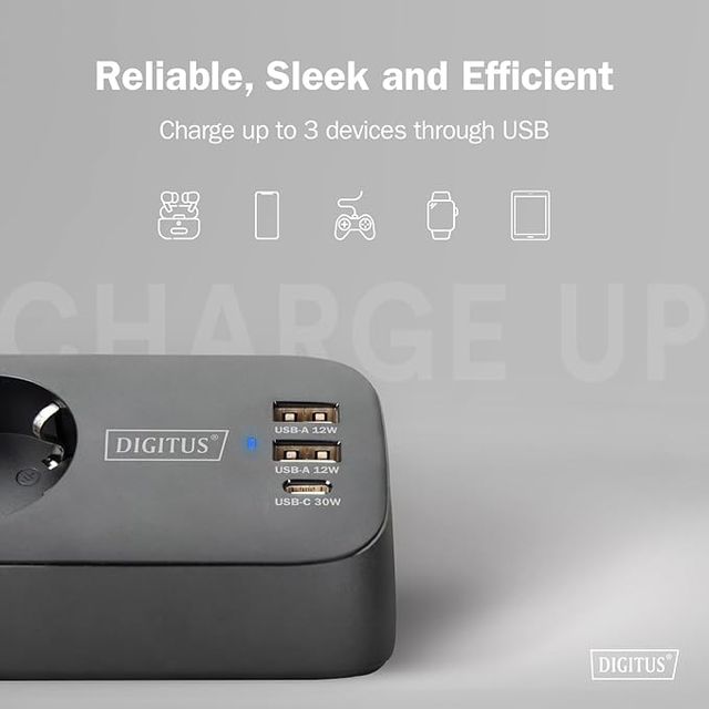 DIGITUS Regleta 3xSchuko 2x USB-A 1x USB-C Negro