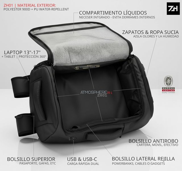 ZH 2026 Mochila cabina avión 35L Unisex 50x30x20cm