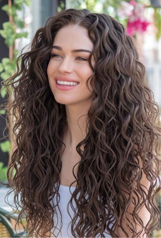 Espectacular Peluca castaña rizada