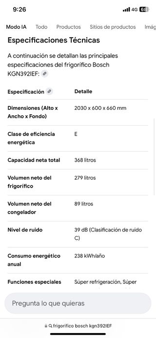 Frigorífico Congelador Bosch KGN392IEF Nuevo