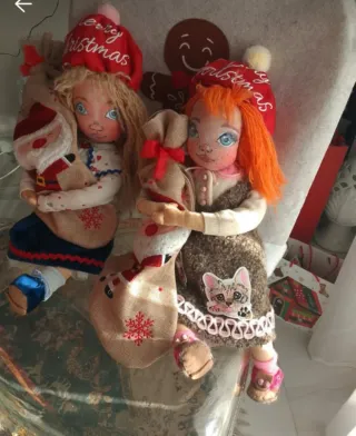 2 bambole stoffa dipinte a mano