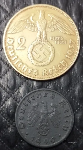 Moneta 2 Reichsmark 1937 con bagno d'oro 24 carati