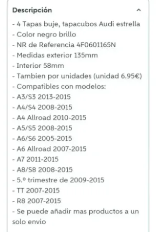 TAPA BUJES CENTRO RUEDA LLANTA AUDI 4F0601165N
