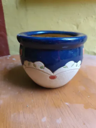 Maceta cerámica azul y beige floral