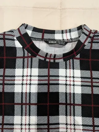 Vestido manga larga cuadros blanco y negro