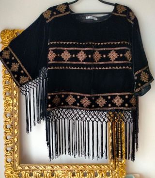Mango Top Fiesta Negro Bordado Flecos Talla M