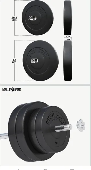 Barra larga y mancuernas con discos marca GORILLA.