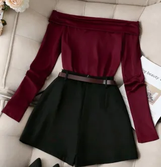 Conjunto Top y Falda-Pantalón Negro/Rojo(granate)