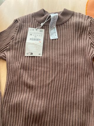Camiseta Zara M Marrón Acanalada Espalda Abierta