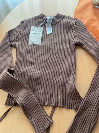 Camiseta Zara M Marrón Acanalada Espalda Abierta