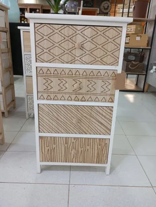 Mesita 4 cajones madera y cuero