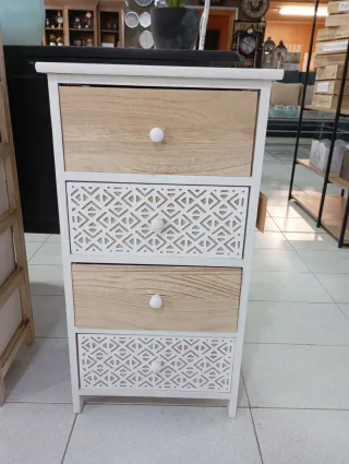 Mesita 4 cajones madera y cuero