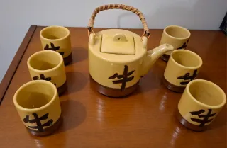 Bule de Chá e 6 Copos Cerâmica Bambu