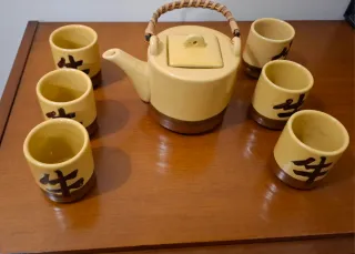 Bule de Chá e 6 Copos Cerâmica Bambu